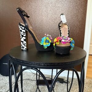 Betsey Johnson Black Platform Heels with Bright Floral Appliqués
